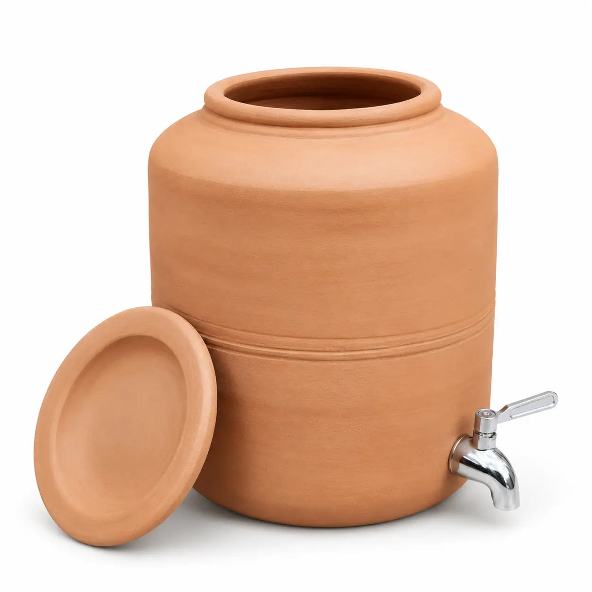 Terra Aseel 6L terracotta water dispenser open with removable clay lid and tap