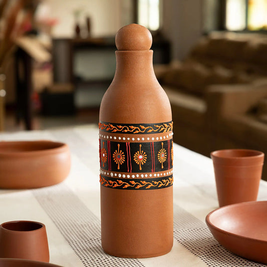 Hand-painted 1500 ml terracotta water bottle with clay lid