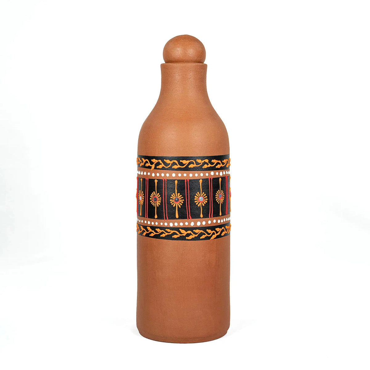 Handmade terracotta water bottle with colourful traditional painted detailing