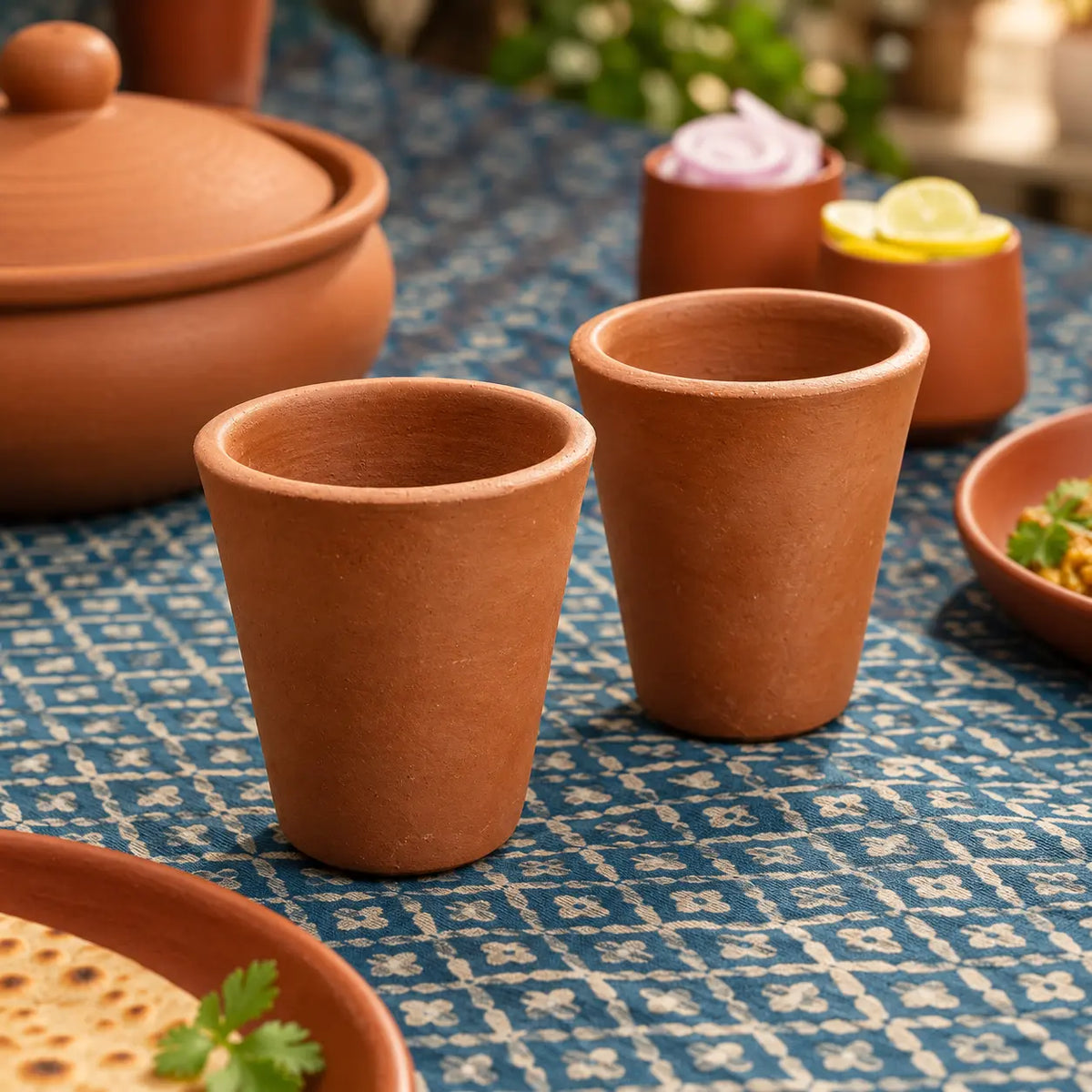 Terra Aseel handmade terracotta drinking glasses set of 2 on dining table