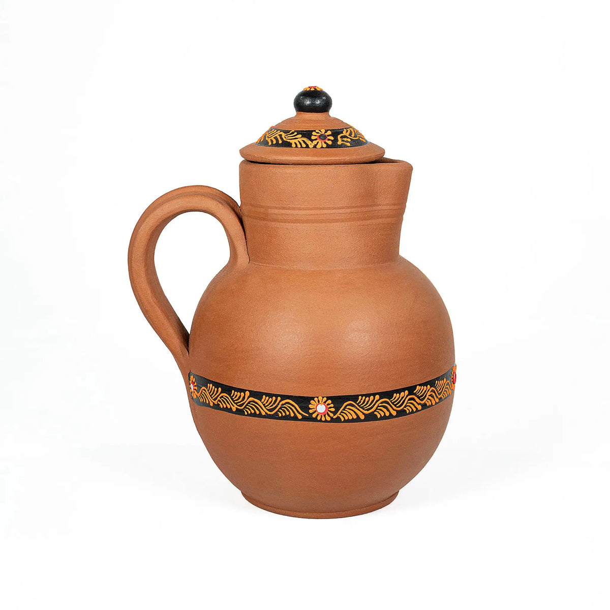 Handmade 2 litre terracotta water jug with painted clay lid and handle