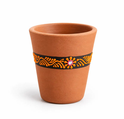 Terra Aseel handmade terracotta designer glass with orange floral hand-painted band