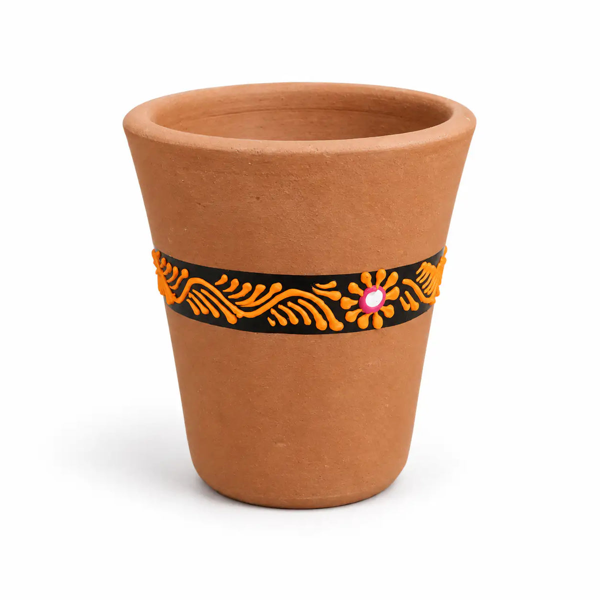 Hand-painted terracotta drinking glass with artisan decorative detailing