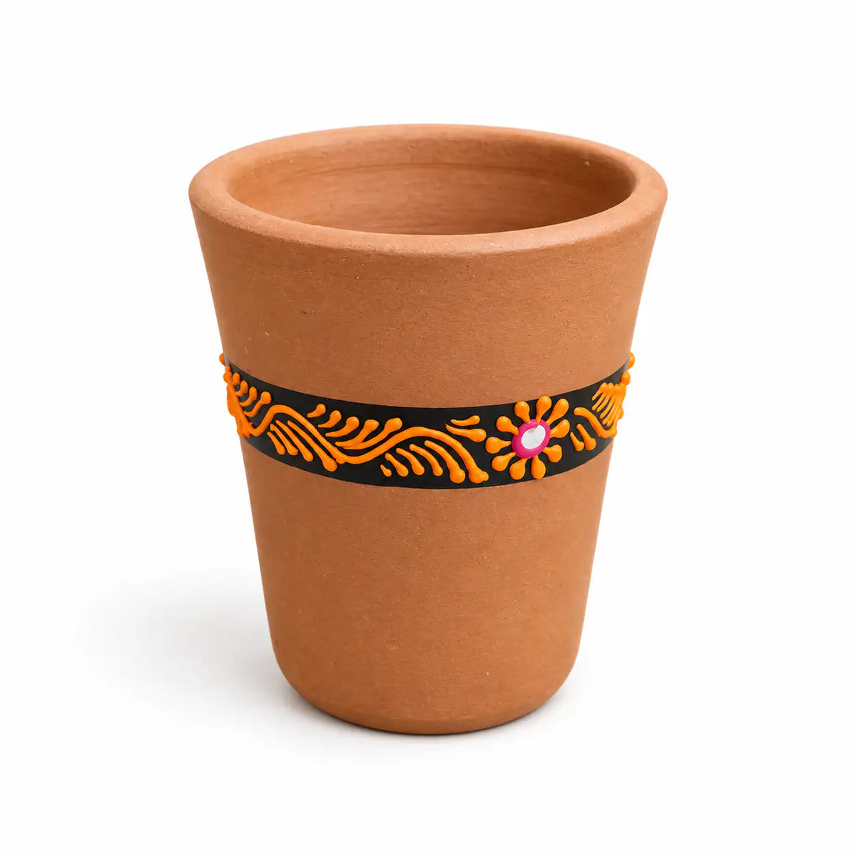 Handmade clay designer glass with black and orange hand-painted pattern