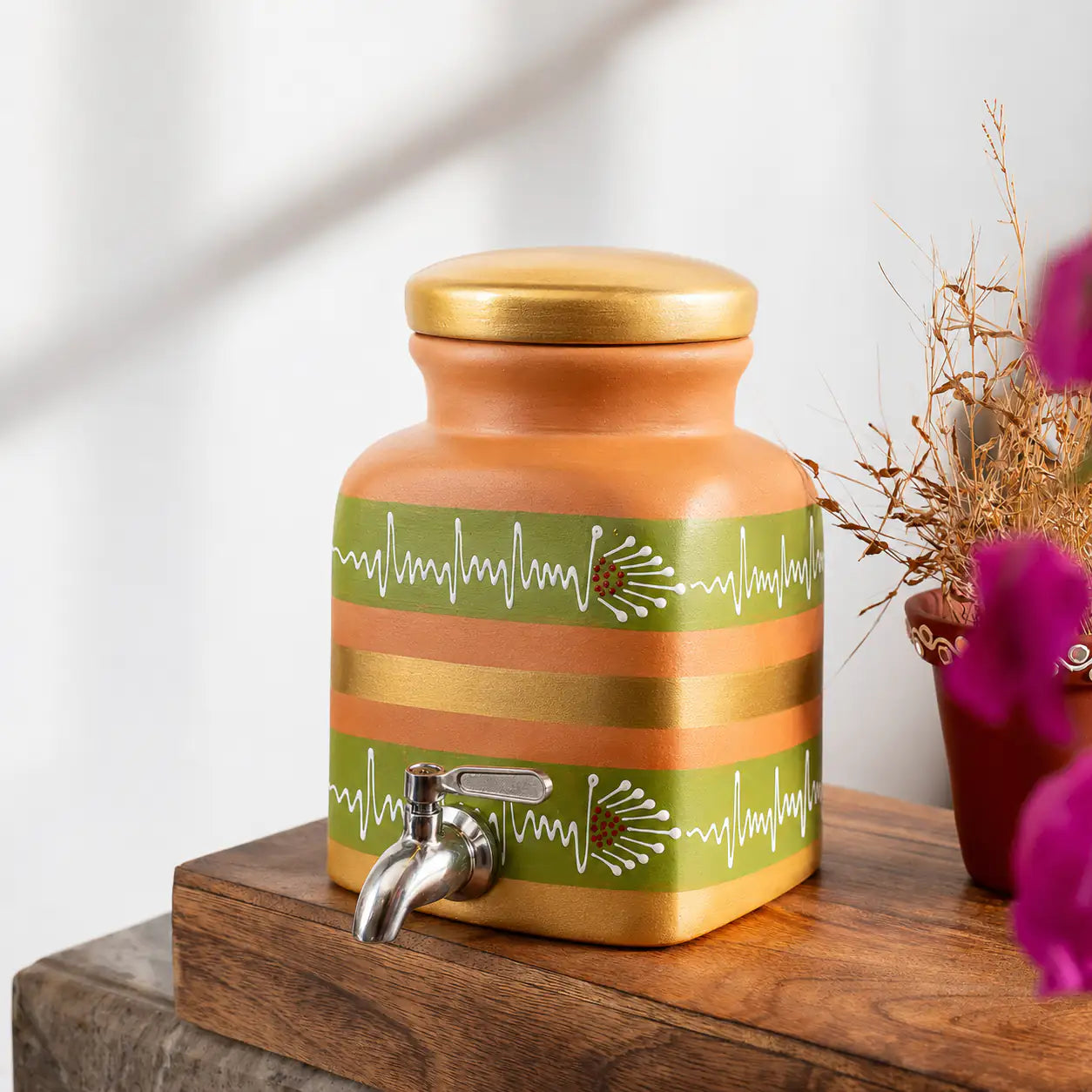 Terrapura 4L handpainted terracotta water dispenser with tap by ARK Naturals - Green