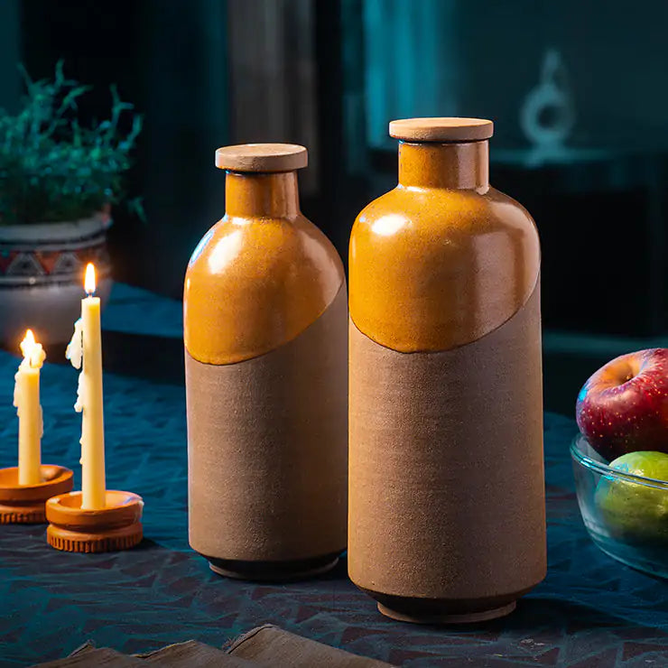 Terra Earthcore hand-glazed terracotta bottles in 800ml and 1L, two-tone glaze finish, ARK Naturals
