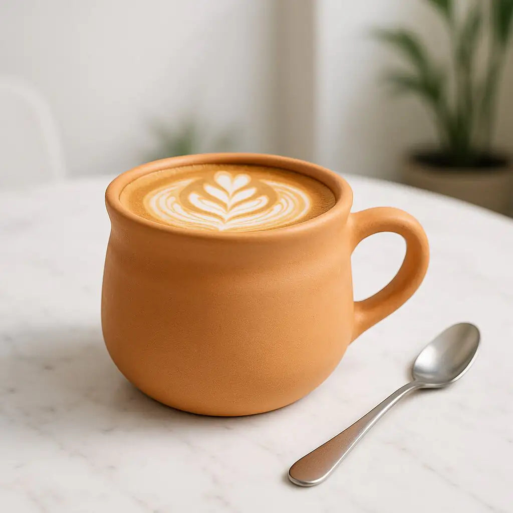 Ceramic mug with a latte art design on a marble surface with a spoon.