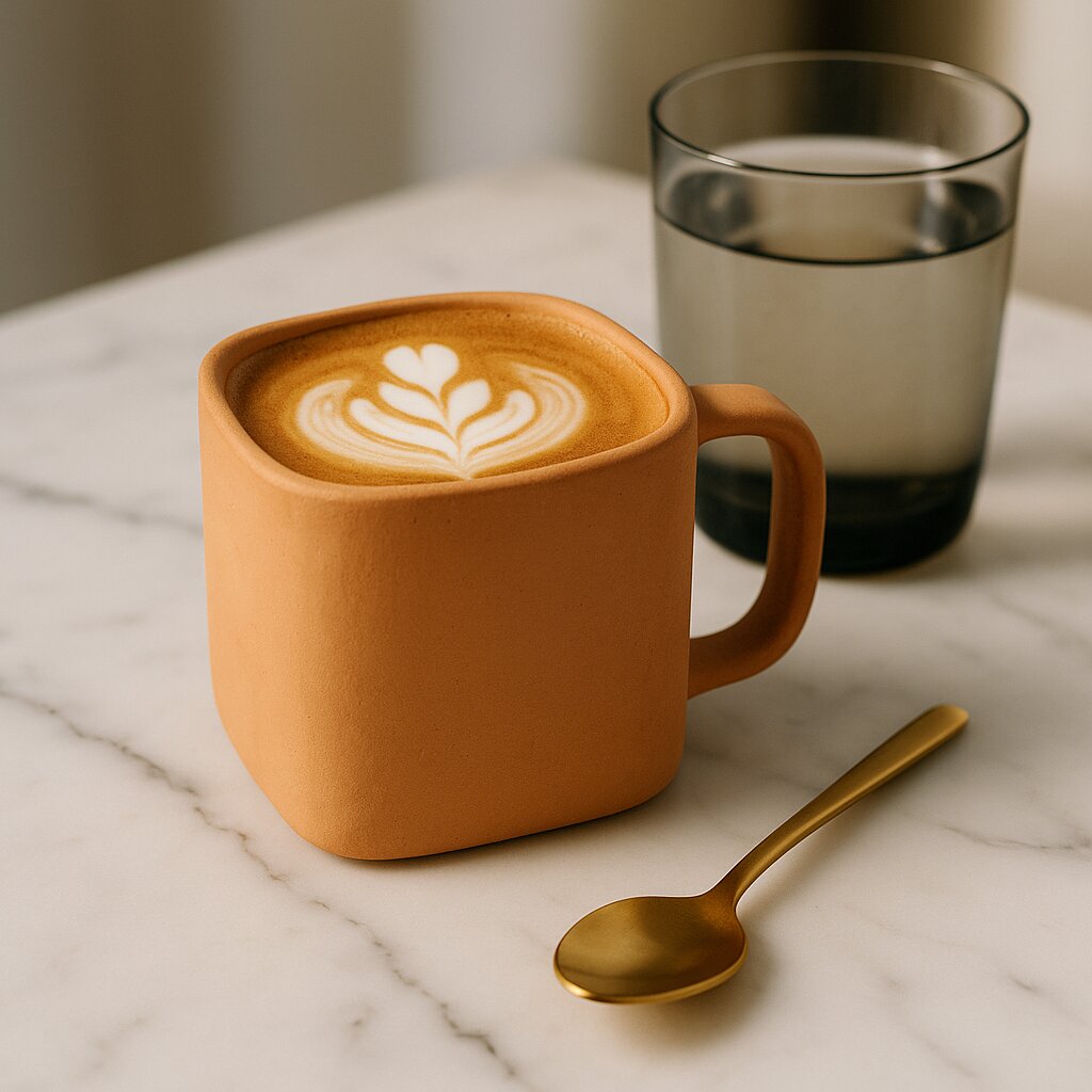 Ceramic mug with latte art, glass of water, and gold spoon on a marble surface