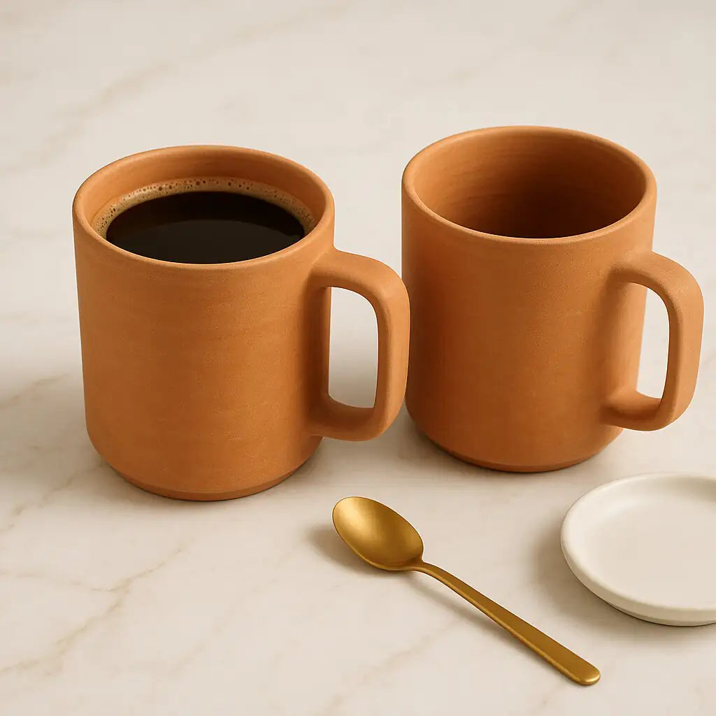 Handmade terracotta coffee mug with handle 220ml on marble table, natural matte finish