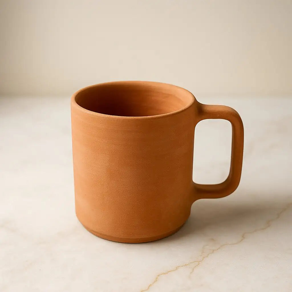Terracotta mug on a light marble surface with a neutral background