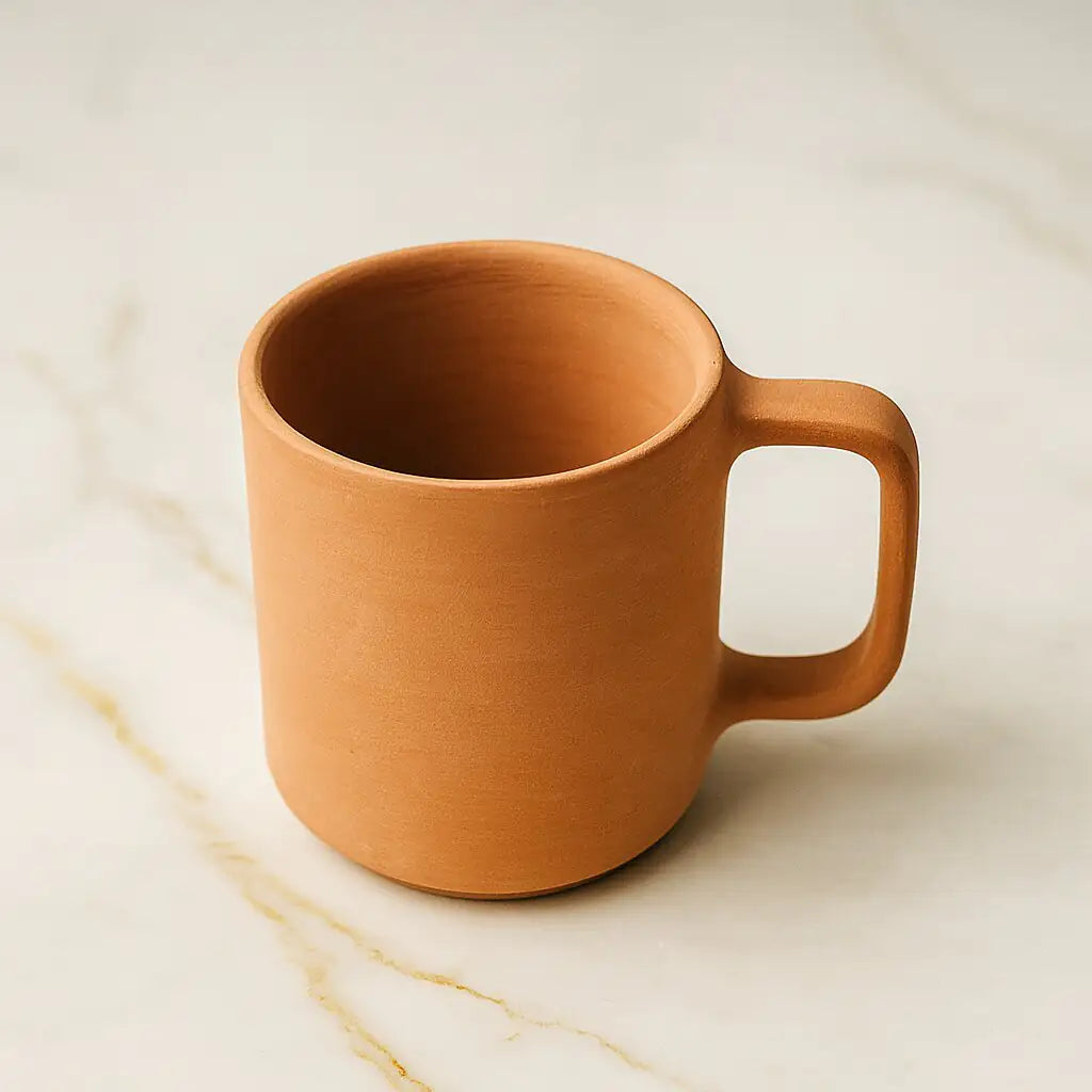 Handmade terracotta coffee mug with handle 220ml on marble table, natural matte finish