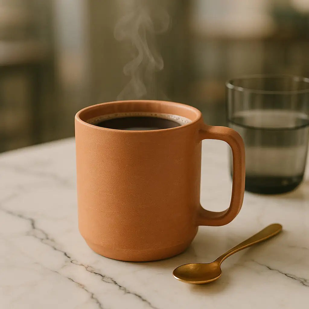 Handmade terracotta coffee mug with handle 220ml on marble table, natural matte finish