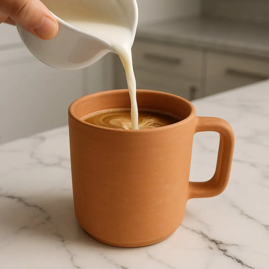 Handmade terracotta coffee mug with handle 220ml on marble table, natural matte finish