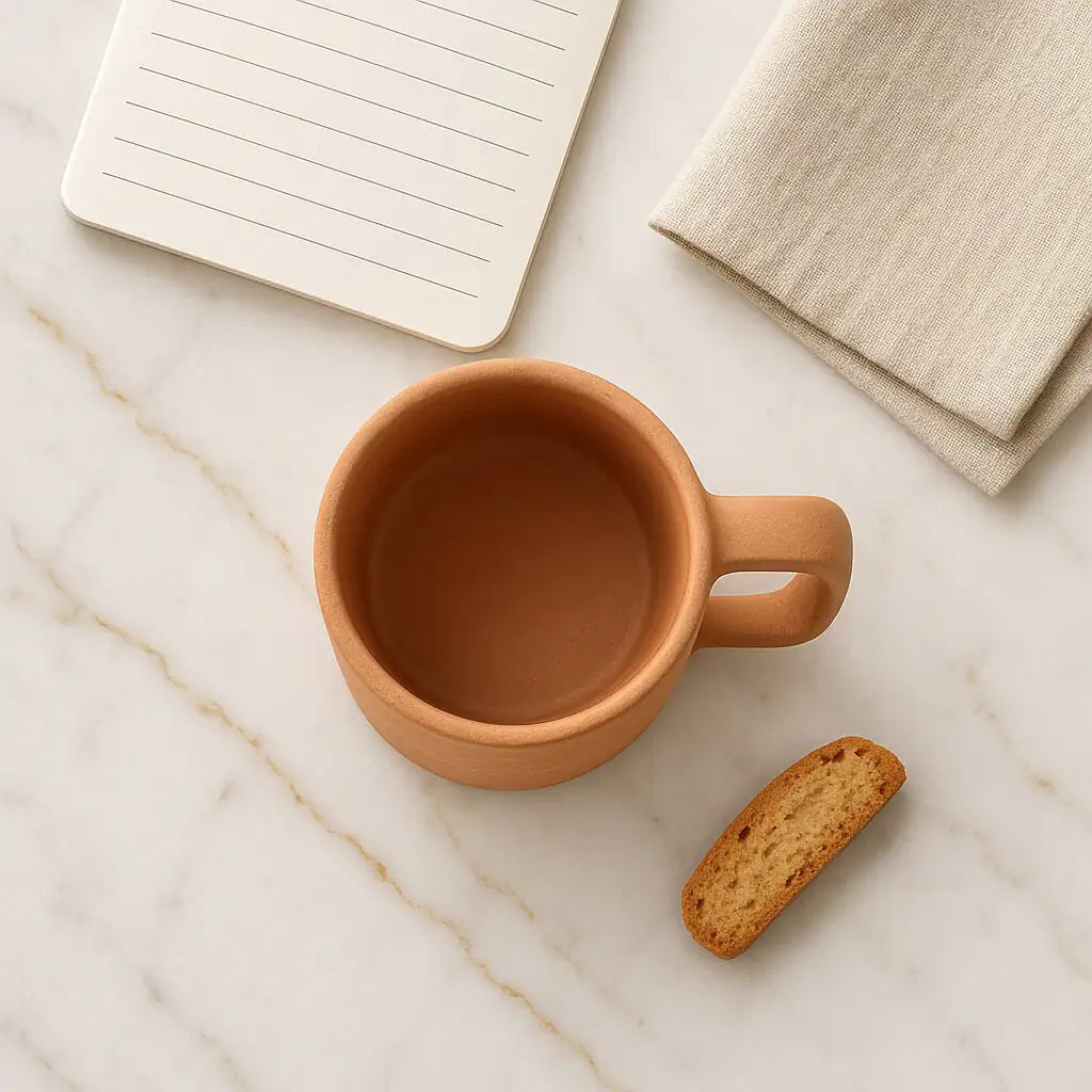 Handmade terracotta coffee mug with handle 220ml on marble table, natural matte finish