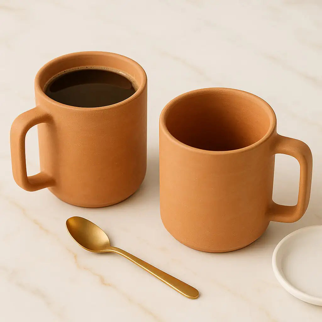 Handmade terracotta coffee mug with handle 220ml on marble table, natural matte finish