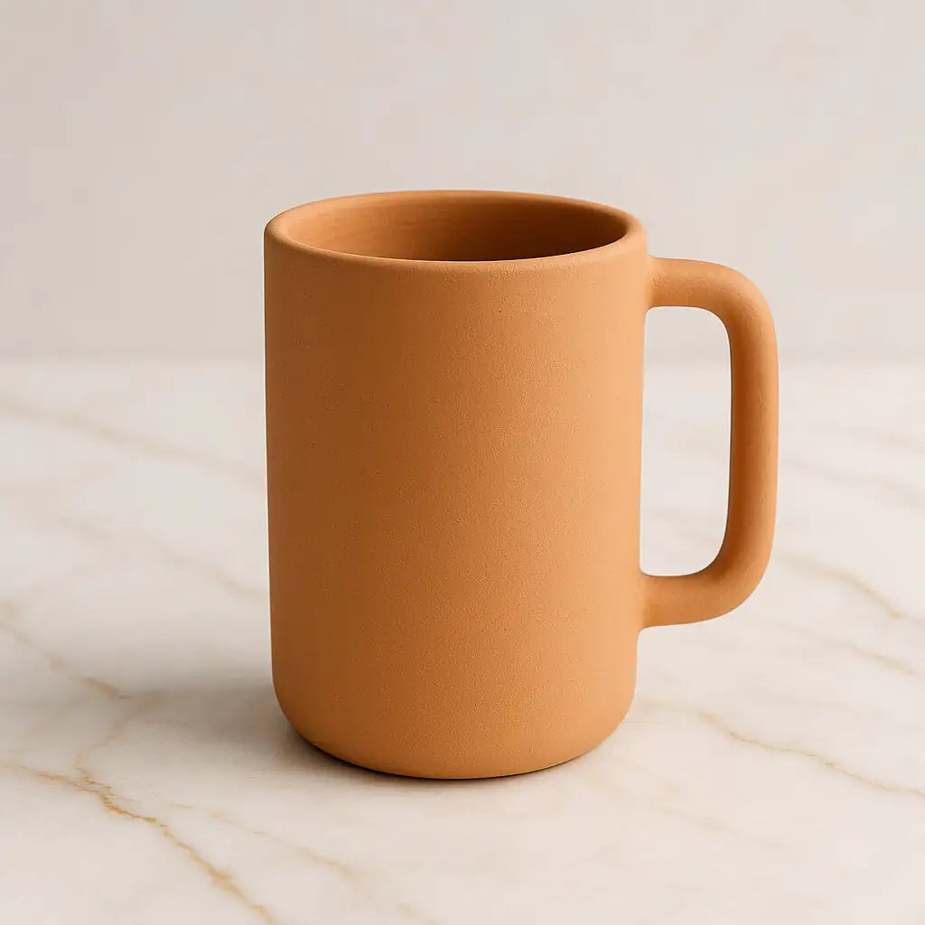 Brown ceramic mug on a light marble surface