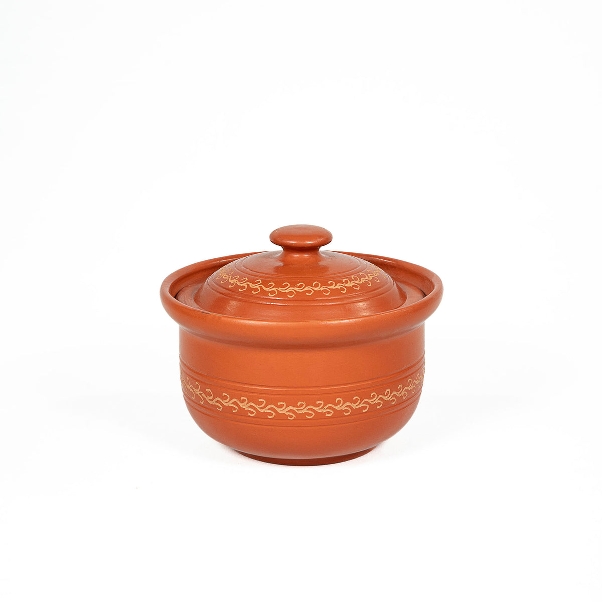 Open terracotta serving bowl with matching lid from Terra Majlis collection