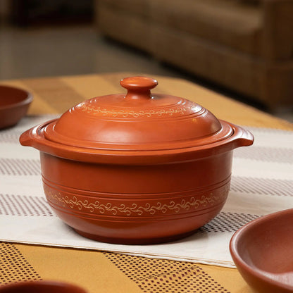 Terracotta serving pot with removable lid for rice curry and family serving