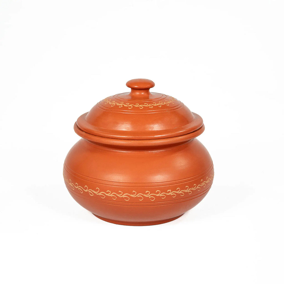 Round terracotta serving bowl with lid for rice biryani and curries
