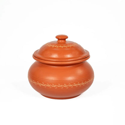 Round terracotta serving bowl with lid for rice biryani and curries