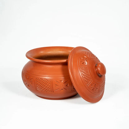 Handmade carved terracotta serving pot with removable lid