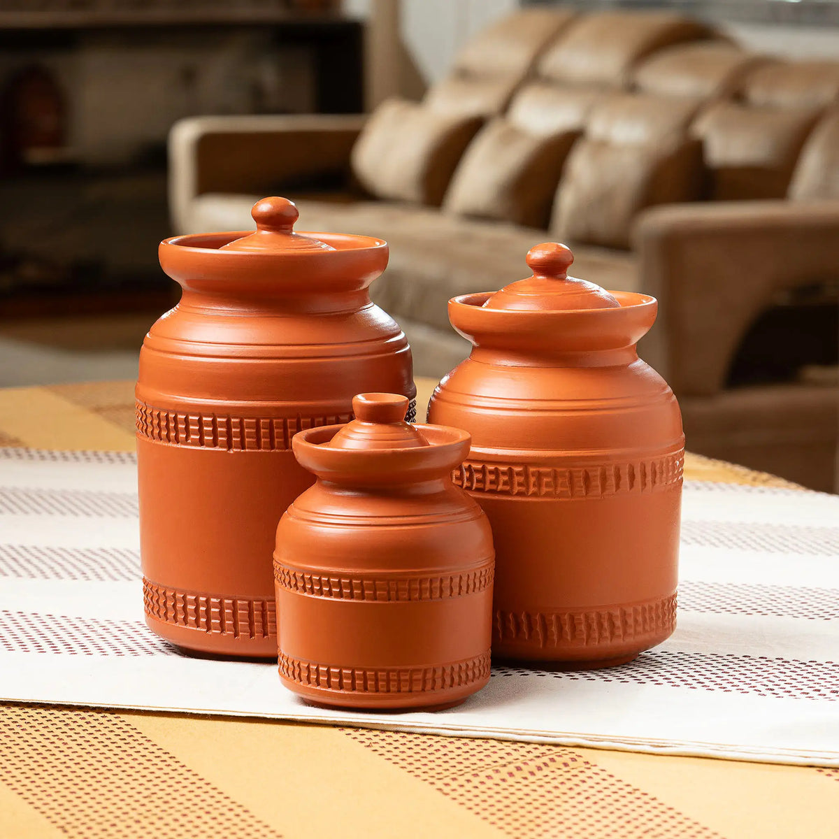 Terra Majlis terracotta storage jars with lids in three sizes