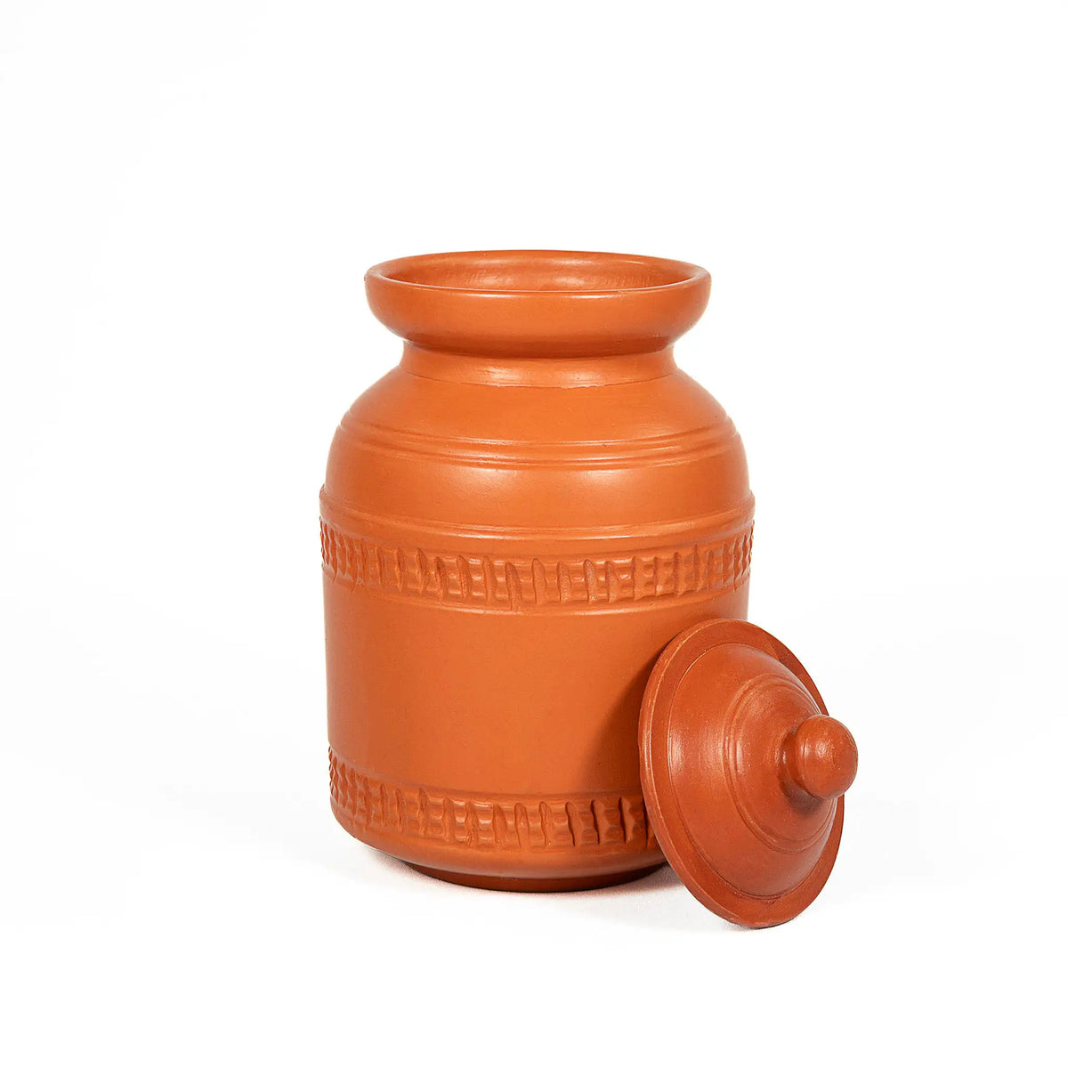 Medium terracotta storage jar with lid removed