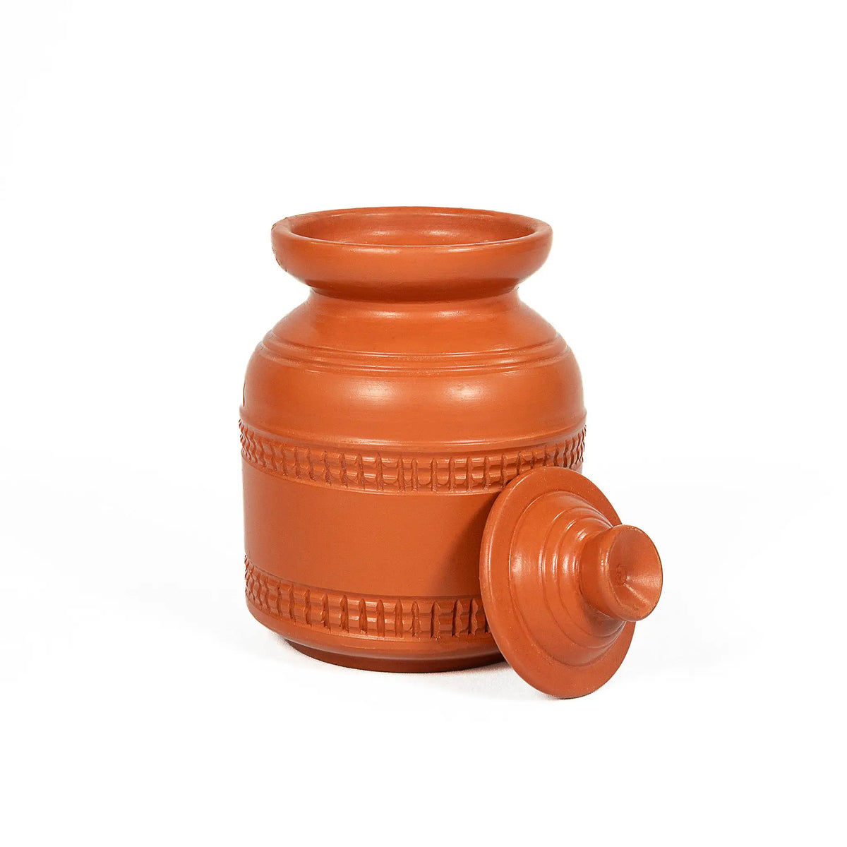 Small terracotta storage jar with lid removed