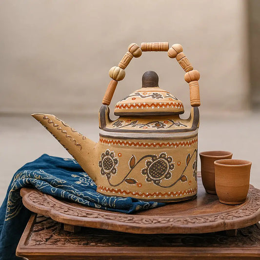 Handmade NirvanaNiche heritage terracotta kettle with beaded handle on carved wooden tray