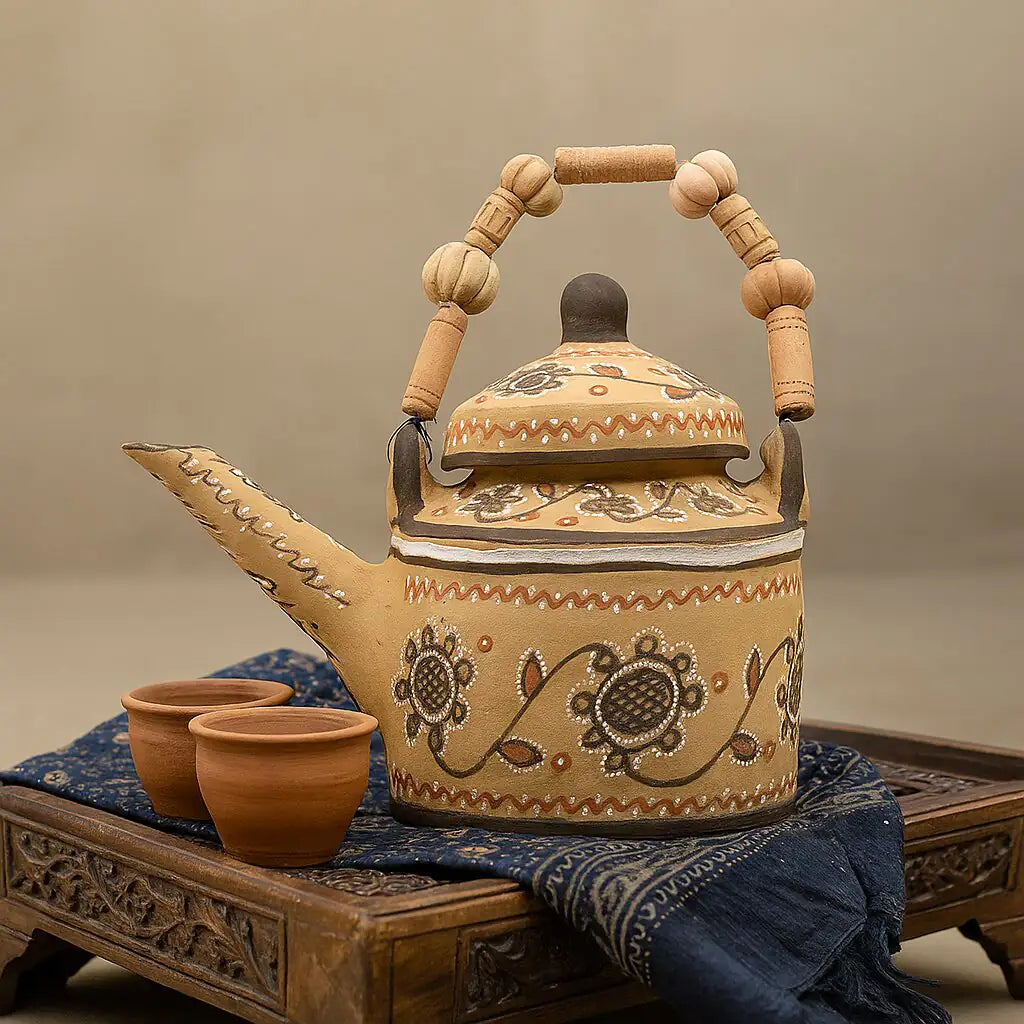 Premium terracotta kettle with Harappan-inspired hand-painted motifs