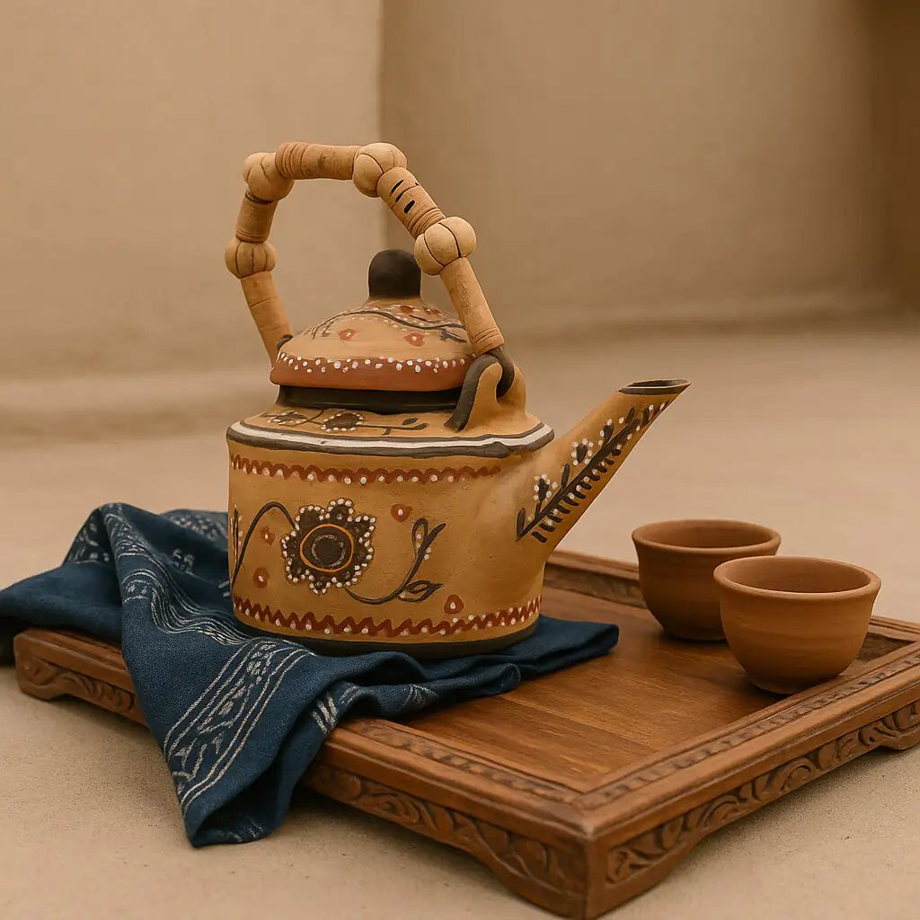 Artisan terracotta kettle styled with cups in a heritage-inspired setting