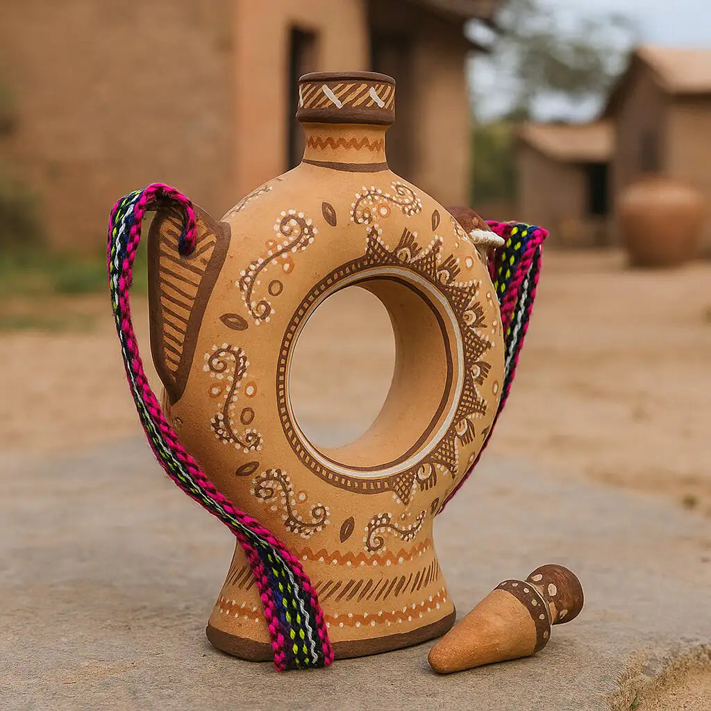 Side view of handmade NirvanaNiche terracotta bottle with artisan detailing