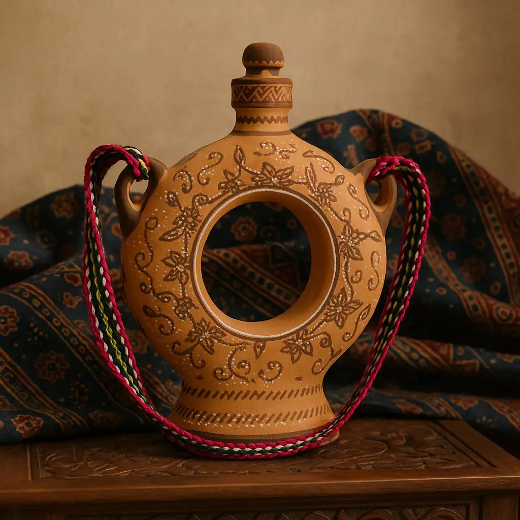 Decorative premium terracotta bottle from NirvanaNiche collection with handcrafted motifs