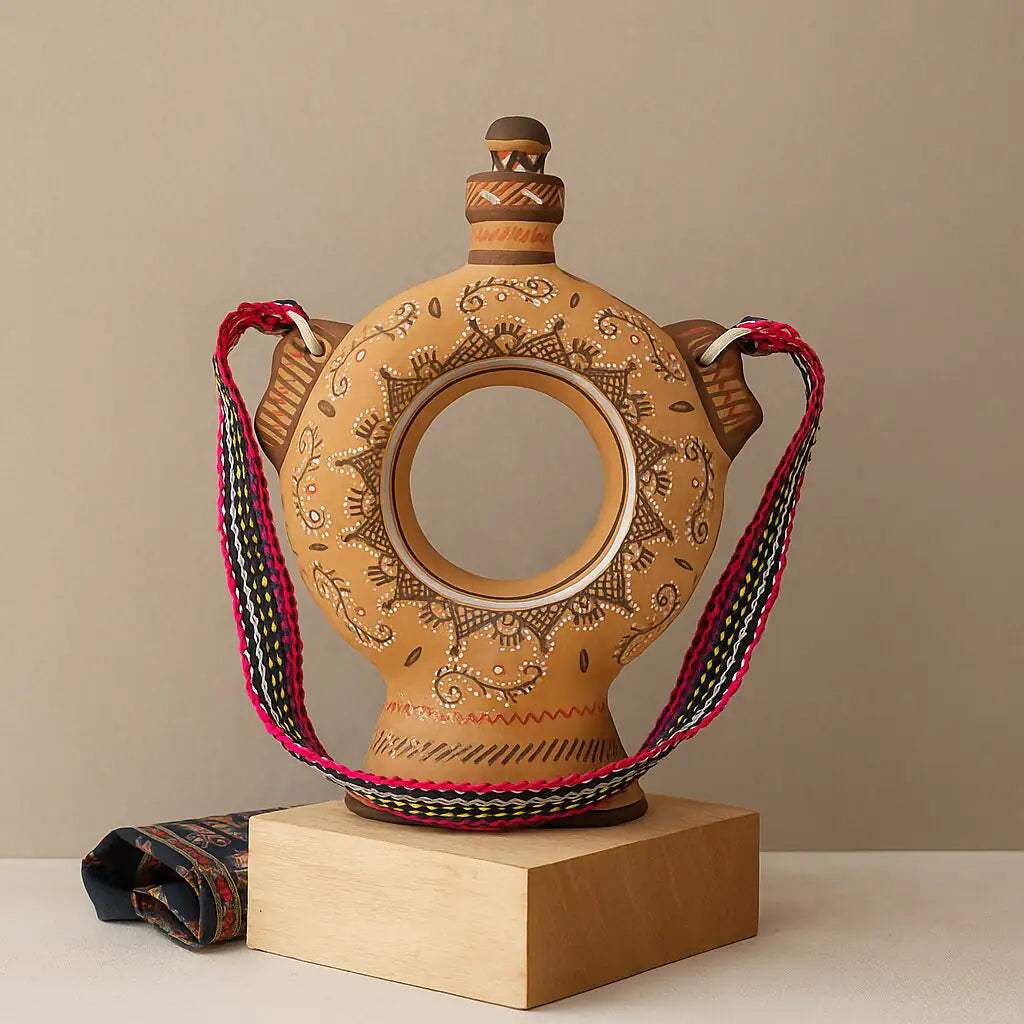 Premium terracotta bottle with hand-painted Harappan-inspired artwork and unique circular center