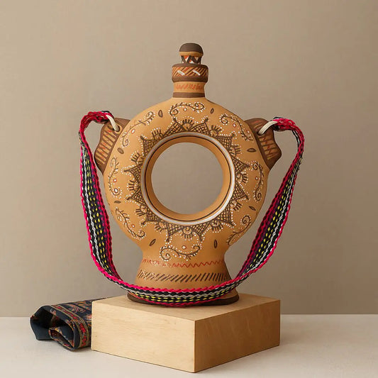Premium terracotta bottle with hand-painted Harappan-inspired artwork and unique circular center
