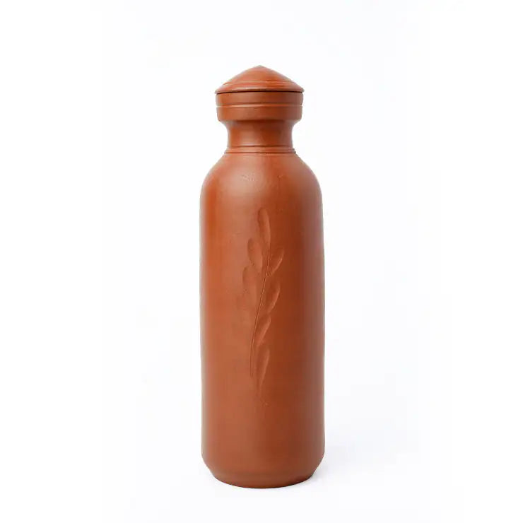 Handmade Terracotta Water Bottle – Leaf Carved – With Lid | ARK Naturals