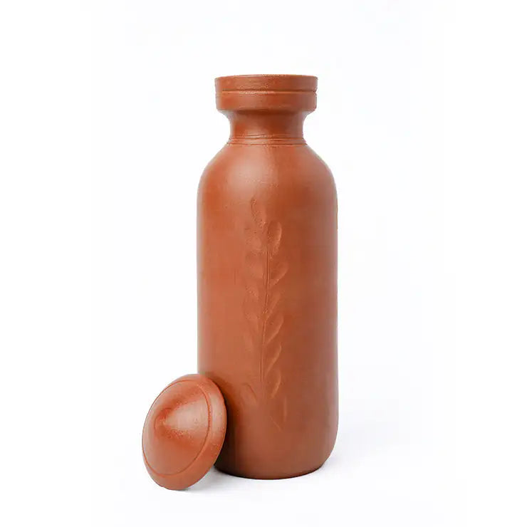 Handmade Terracotta Water Bottle – Leaf Carved – With Lid | ARK Naturals