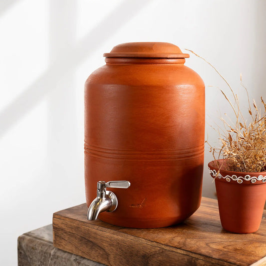 ClayRootz – Terracotta Cylindrical Water Dispenser with Tap (5L) | ARK Naturals
