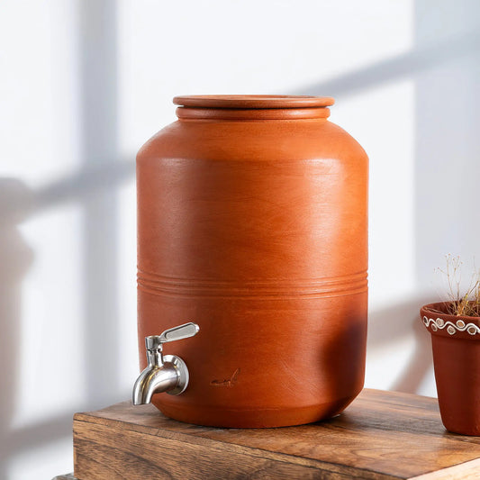 ClayRootz – Terracotta Cylindrical Water Dispenser with Tap (5L) | ARK Naturals