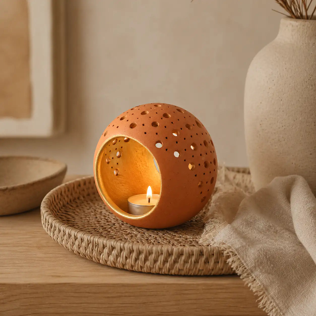 Handmade clay candle holder placed on woven tray with home décor styling