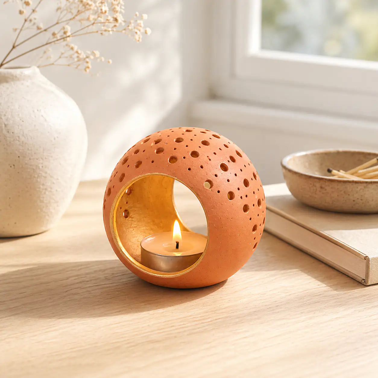 Round terracotta tealight holder with circular opening and gold inner finish