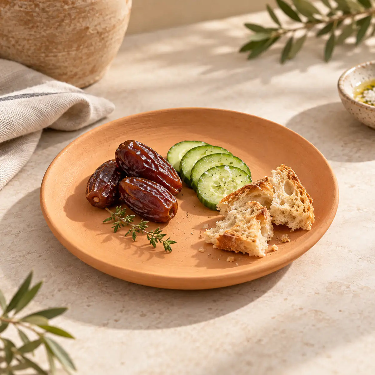 Terrapura handmade terracotta plate with snacks in lifestyle table setting