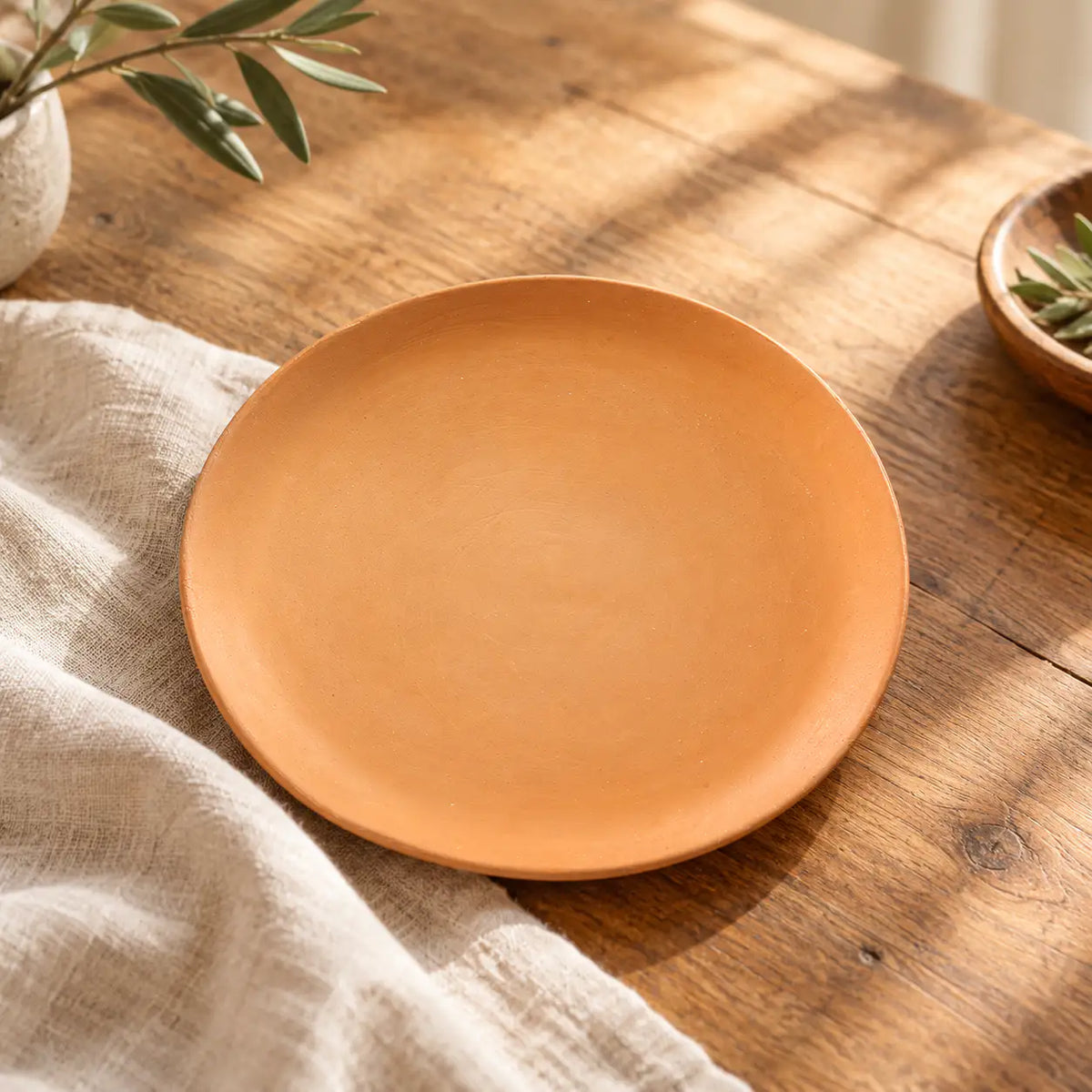 Terrapura terracotta dining plate on rustic wooden table