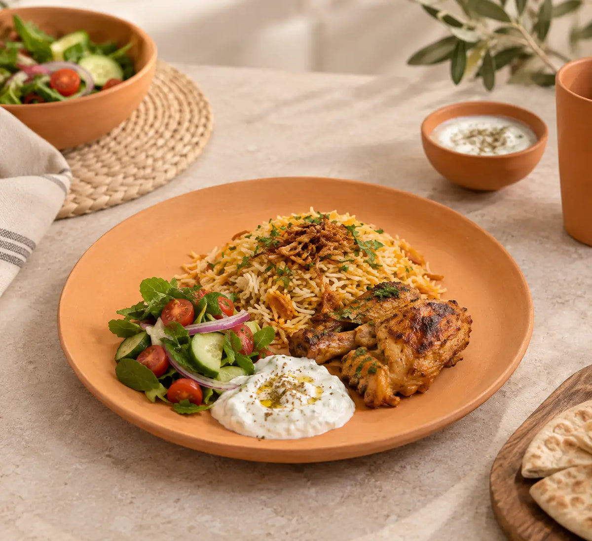 Terrapura 12 inch handmade clay dinner plate with complete meal
