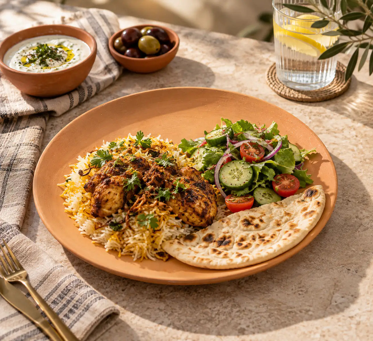Terrapura 12 inch handmade clay dinner plate with complete meal
