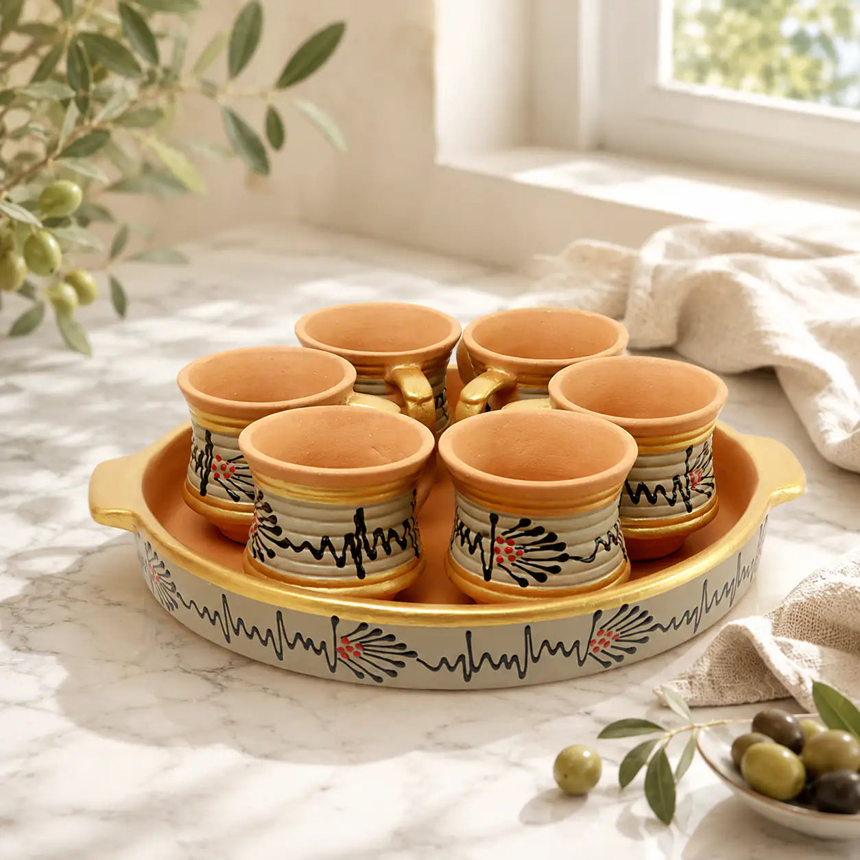 Set of Clay cups with a decorative tray on a marble surface with a plant in the background.