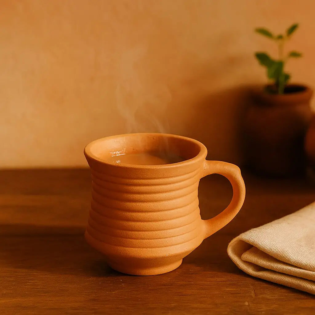 طقم أكواب شاي من الطين المحروق مصنوع يدويًا من تيرابورا مع صينية تقديم (6 أكواب)