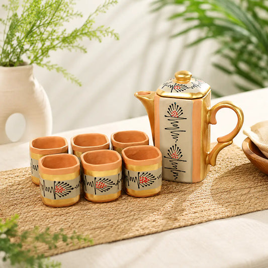 Terrapura beige handpainted terracotta tea pot set with six cups by ARK Naturals
