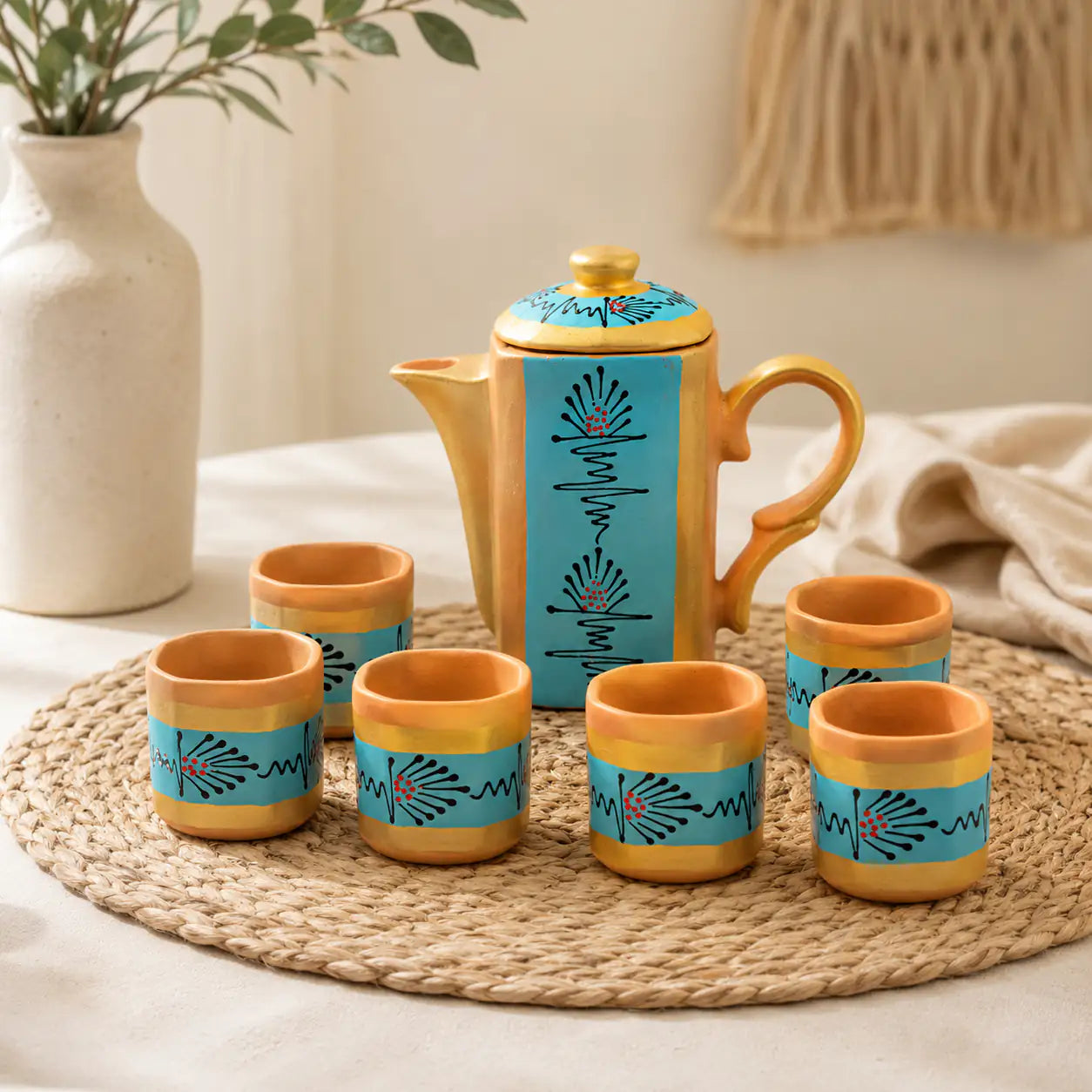 Terrapura blue handpainted terracotta tea pot set with six matching cups for tea and kahwa