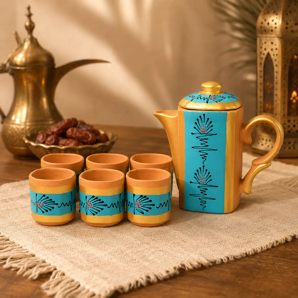 Terrapura blue handpainted terracotta tea pot set with six matching cups for tea and kahwa